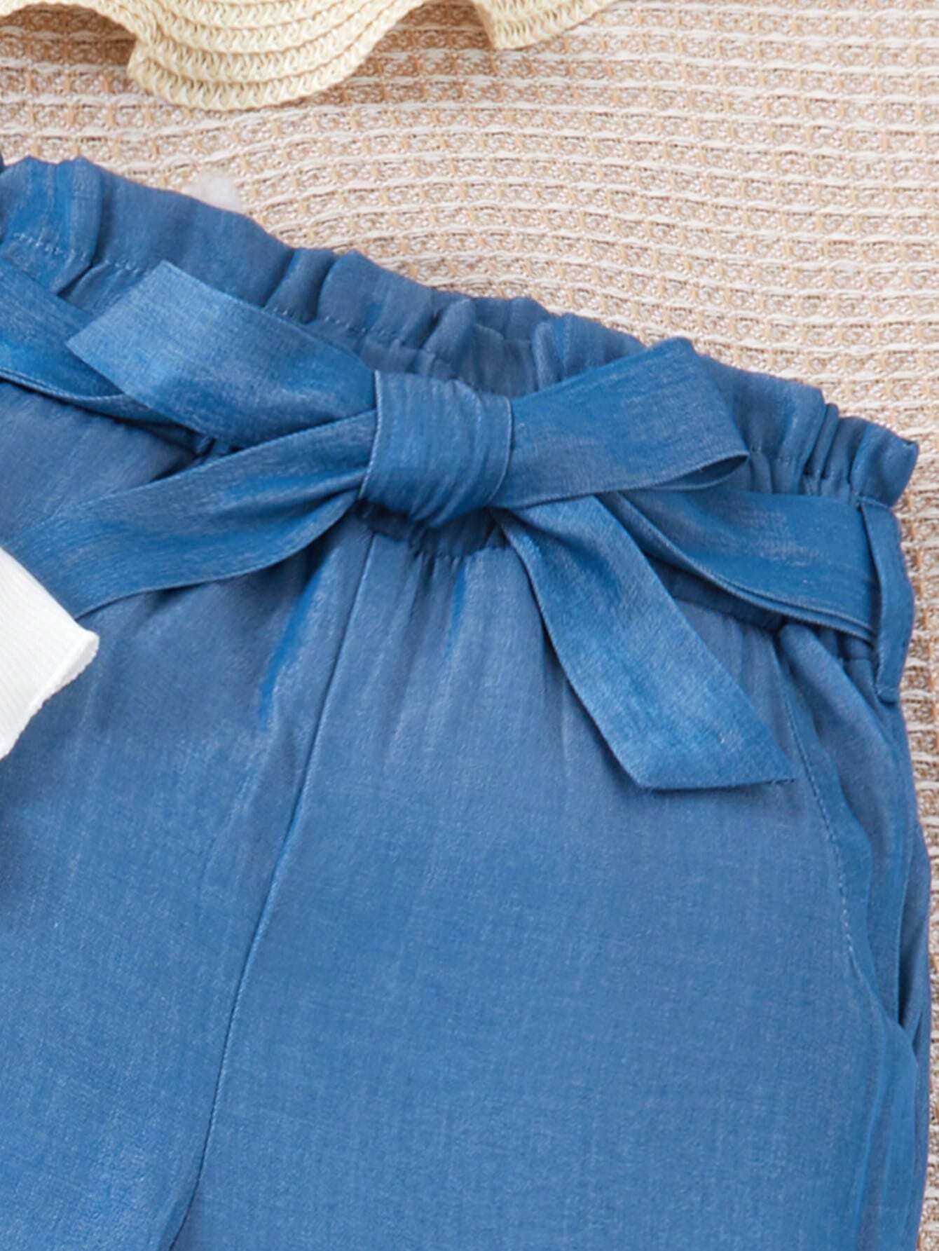Girls' Puff Sleeve Ribbed Top & High-Waisted Belted Pants Set Wholesale