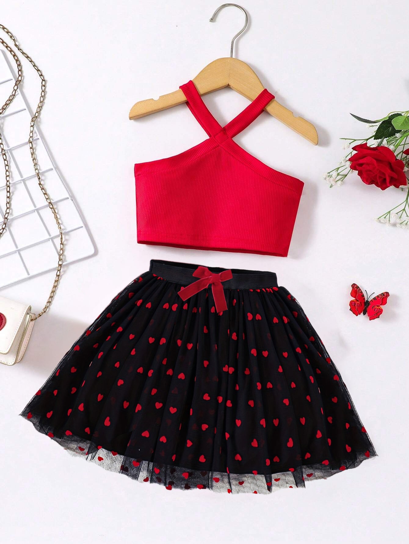 Girls' Red Halter Crop Top & Heart Tulle Skirt Set Wholesale