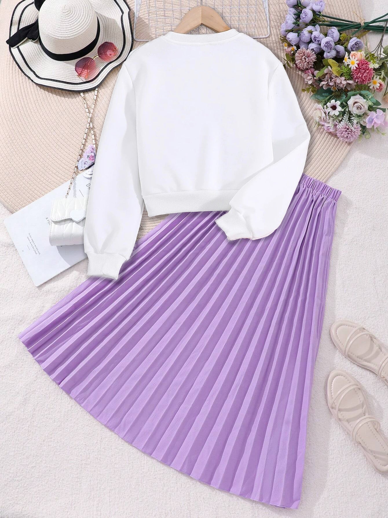 Girls' Graphic Print Sweatshirt and Pleated Midi Skirt Set Wholesale