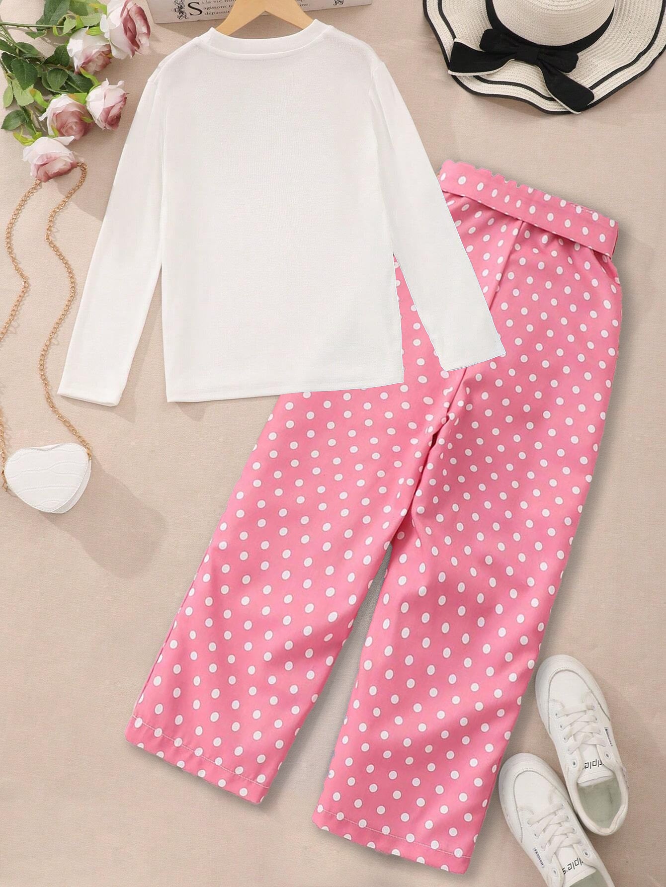 Girls' Heart Print Top & Pink Polka Dot Wide-Leg Pants Set Wholesale