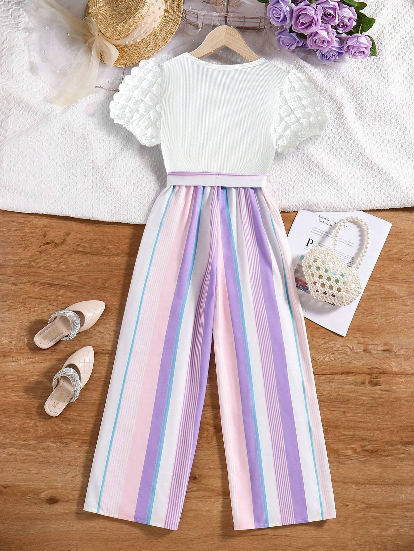 Girls' Striped Puff Sleeve Top and Wide-Leg Pants Set Wholesale