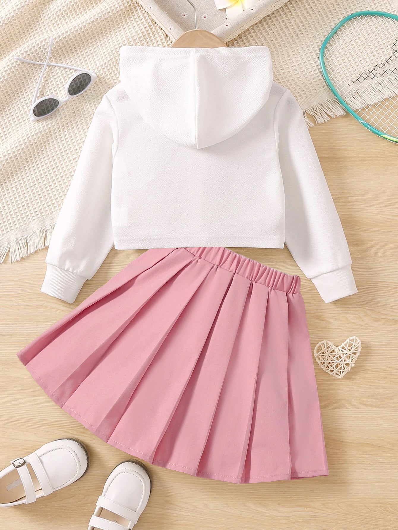 Girls' Cute Cat Hoodie & Pleated Skirt Set Wholesale