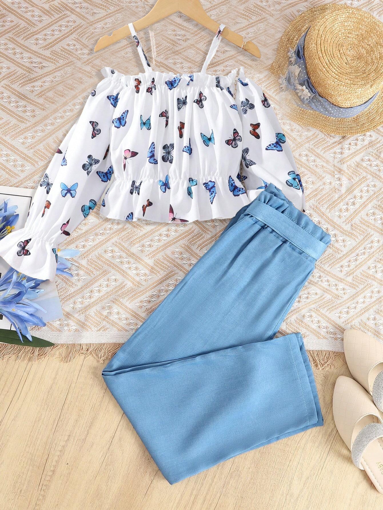 Girls' Off-Shoulder Top & High-Waisted Belted Pants Set Wholesale