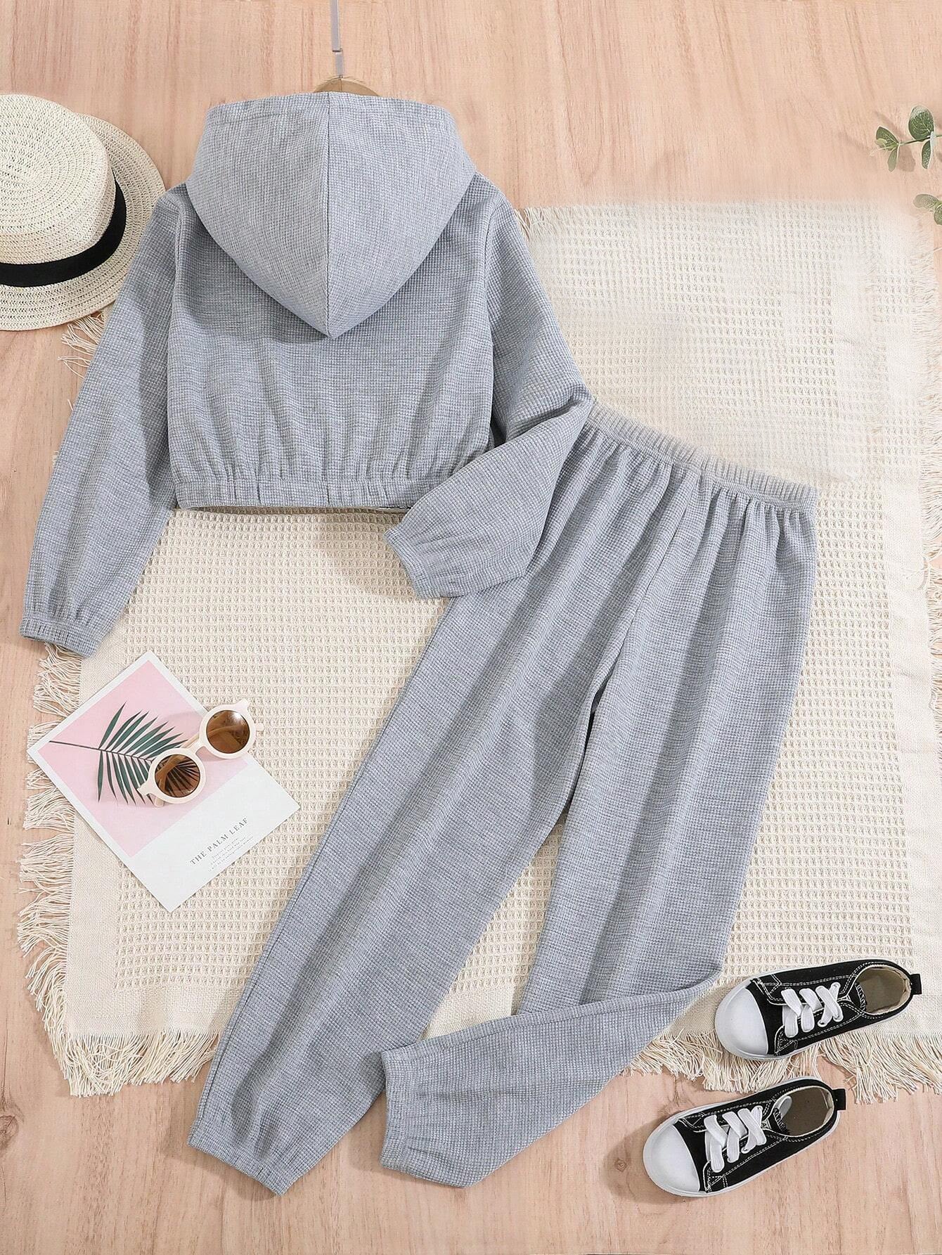 Girls' Casual Gray Hooded Zip-Up Jogger Set BeiLa Wholesale