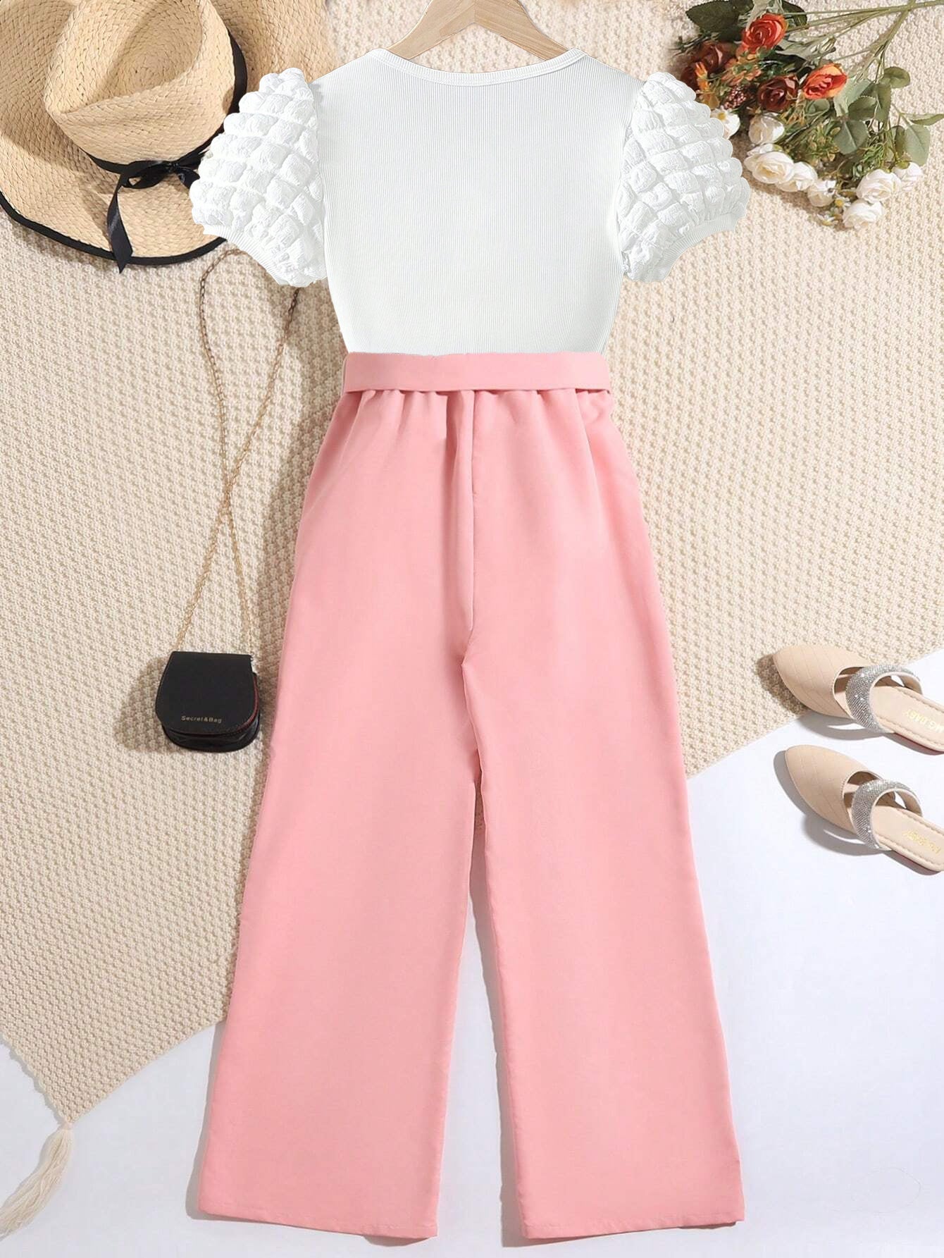 Girls' Puff Sleeve Textured Top & High-Waisted Pink Trousers Set Wholesale