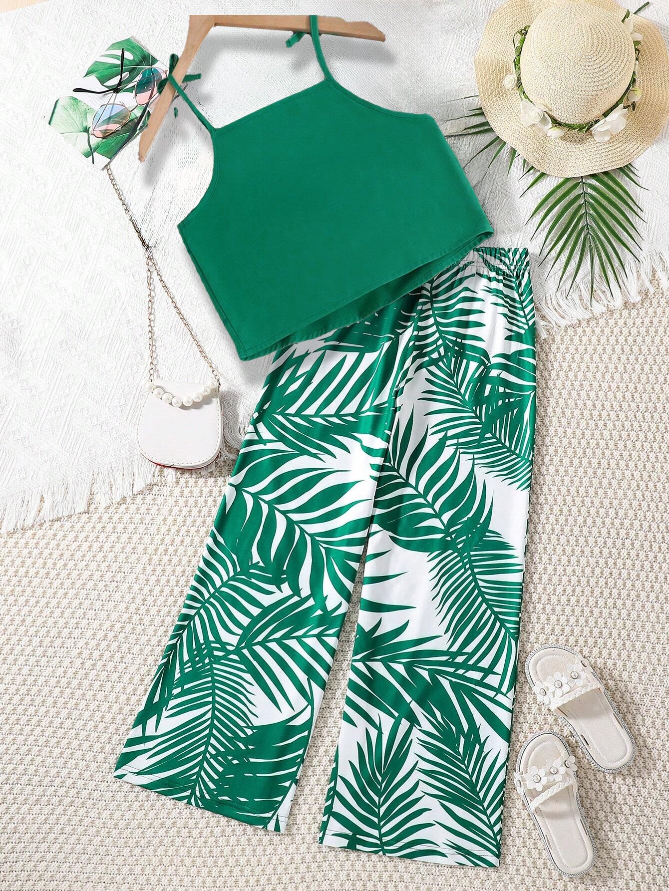 Girls' Tropical Ruffle Top & Leaf Print Wide-Leg Pants Set Wholesale