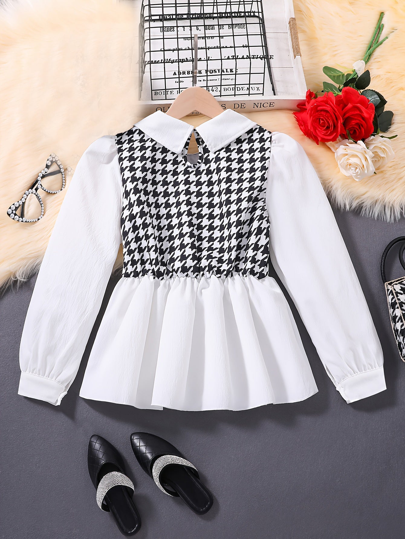 Girls' Houndstooth Peplum Top and Flared Pants Set Wholesale