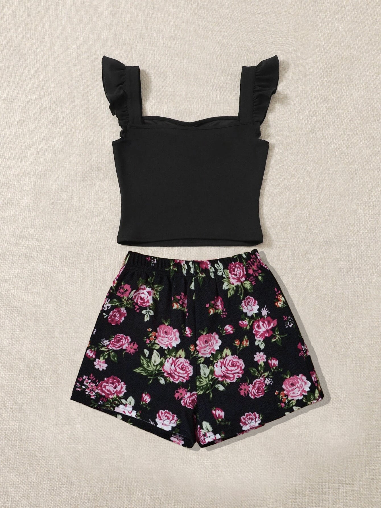 Girls' Floral Ruffle Strap Top & Shorts Set Wholesale