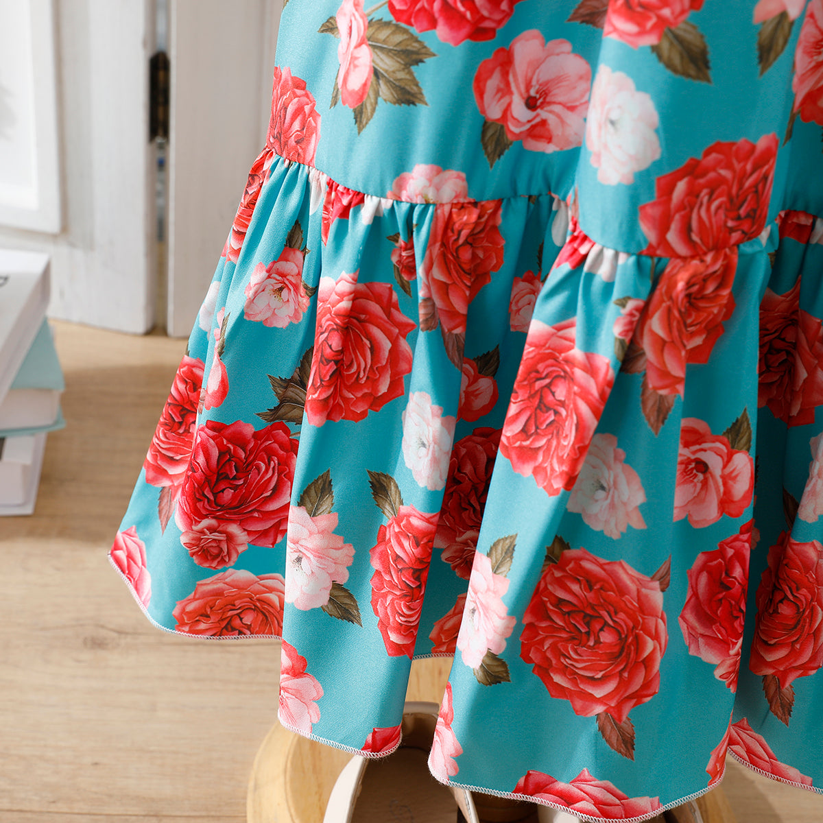 Girls' Aqua Blue Floral Long-Sleeve Maxi Dress Wholesale