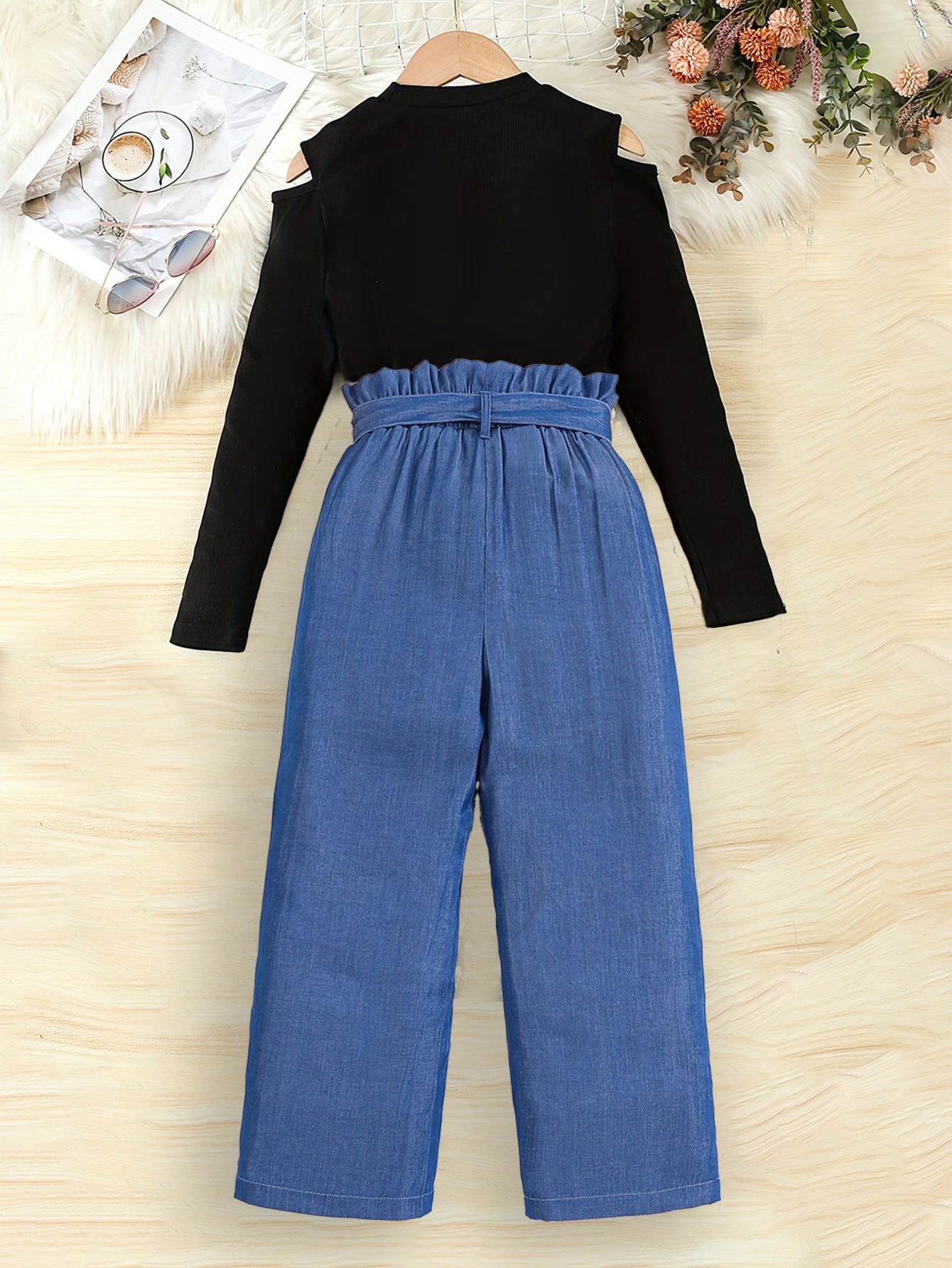 Girls' Cold Shoulder Top and High-Waisted Denim Pants Set Wholesale