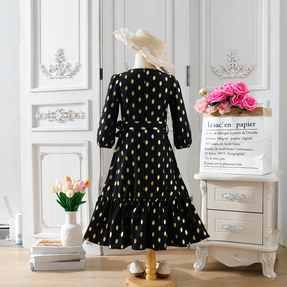 Girls' Black and Gold Polka Dot Maxi Dress with Waist Bow Wholesale