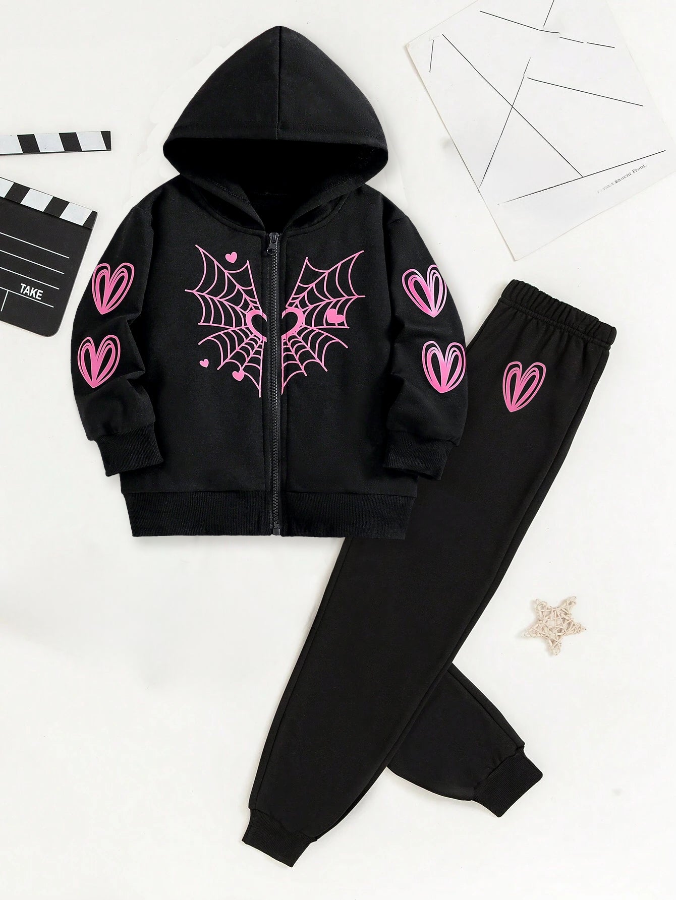 Girls' Gothic Spiderweb Heart Hoodie and Jogger Set Wholesale