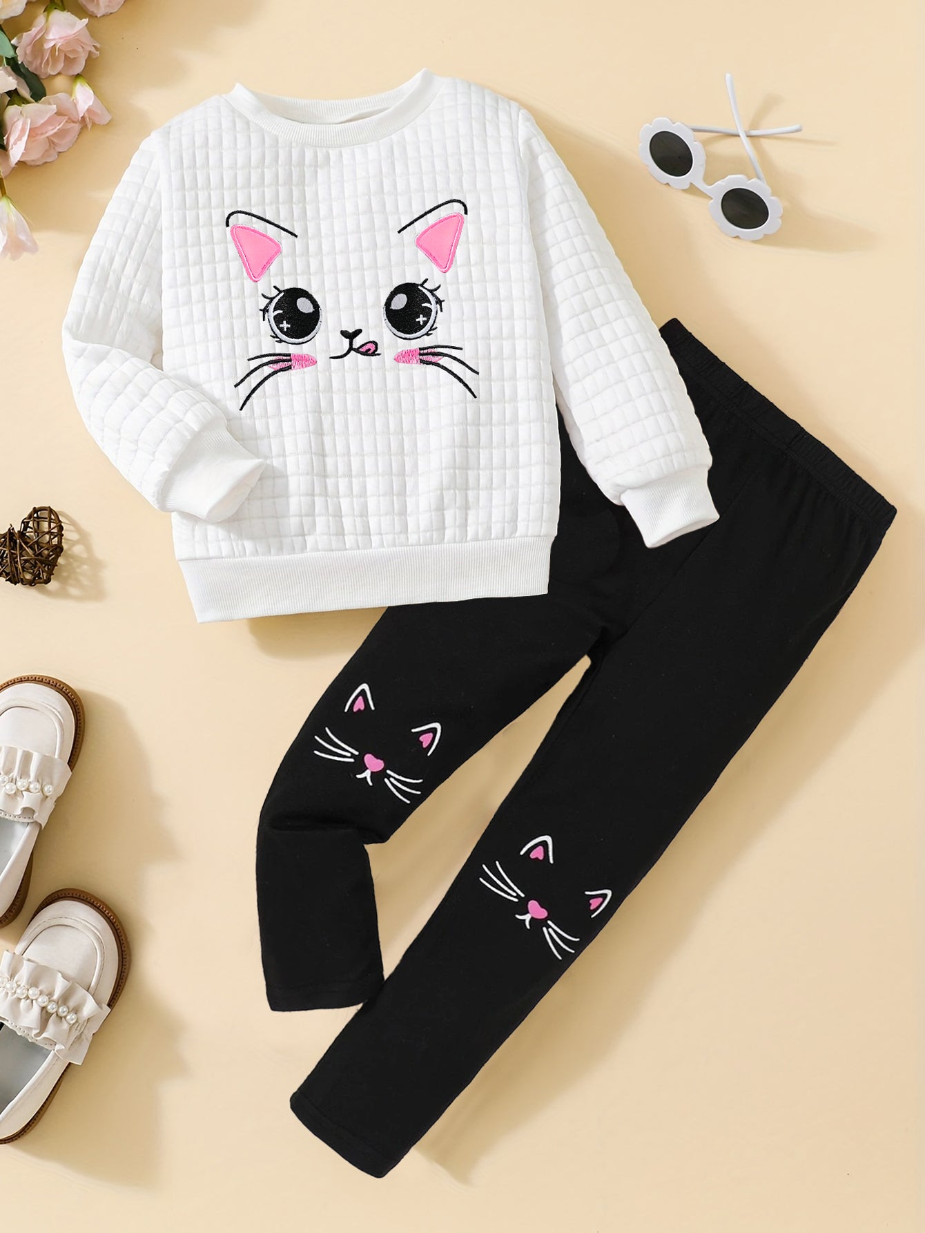 Quilted Cat Face Sweatshirt & Leggings Set for Girls Wholesale