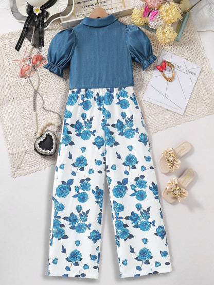 Girls' Blue Floral Jumpsuit & Tencel Linen Denim-Style Jacket Set Wholesale