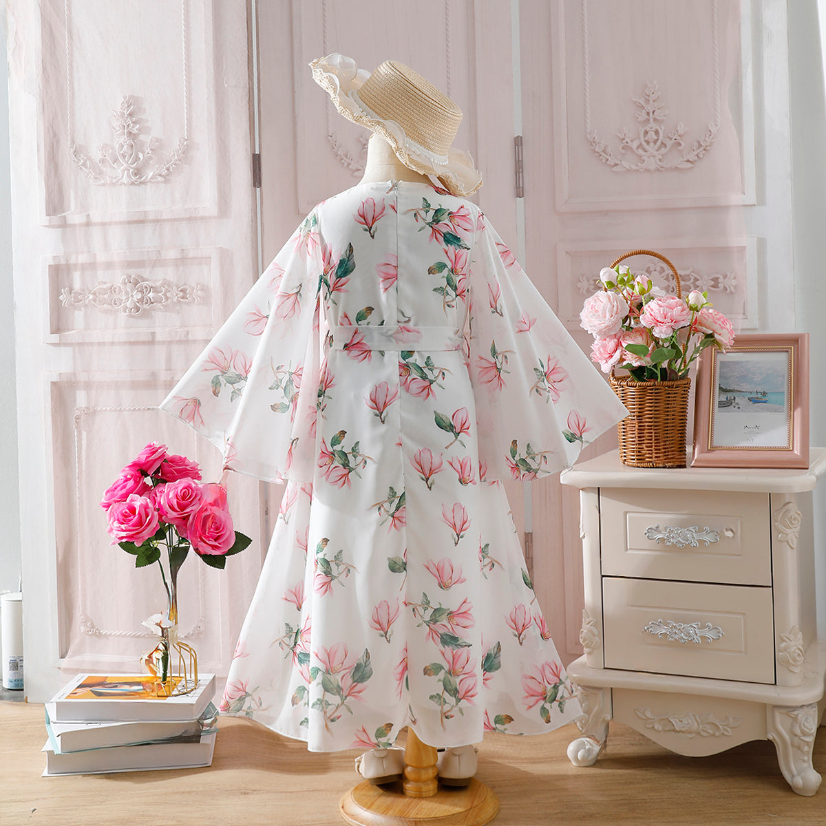 Girls' White and Pink Floral Bell-Sleeve Dress Wholesale