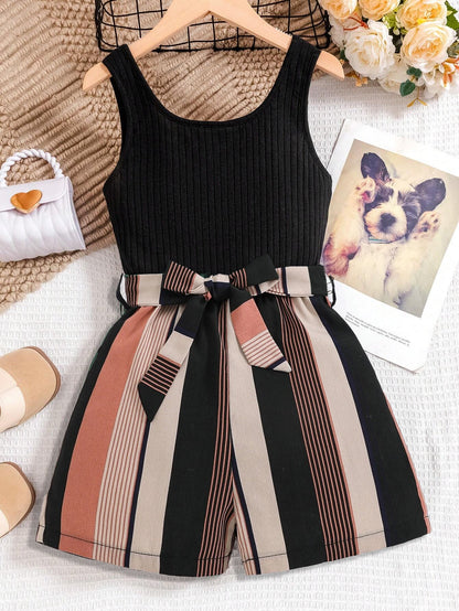 Girls' Black Ribbed Crop Top and Striped High-Waisted Shorts Set Wholesale