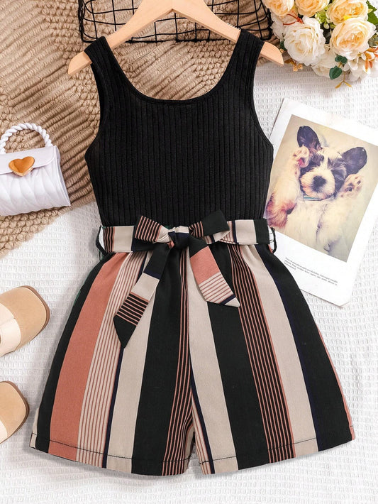 Girls' Black Ribbed Crop Top and Striped High-Waisted Shorts Set Wholesale