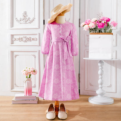 Girls' Pink Buttoned Dress with Floral Embossed Print Wholesale