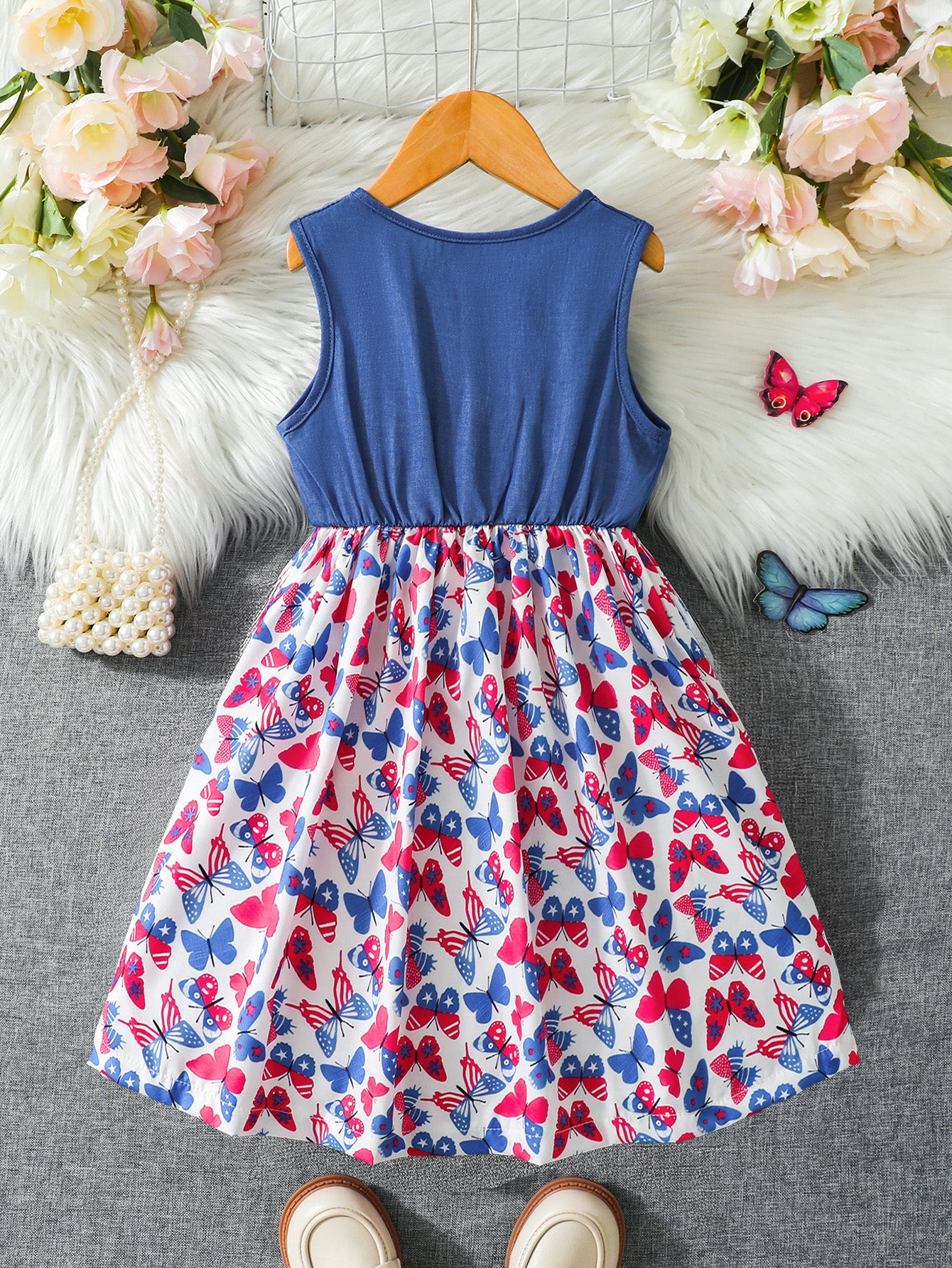 Girls' Sleeveless Denim-Style Butterfly Print Dress Wholesale