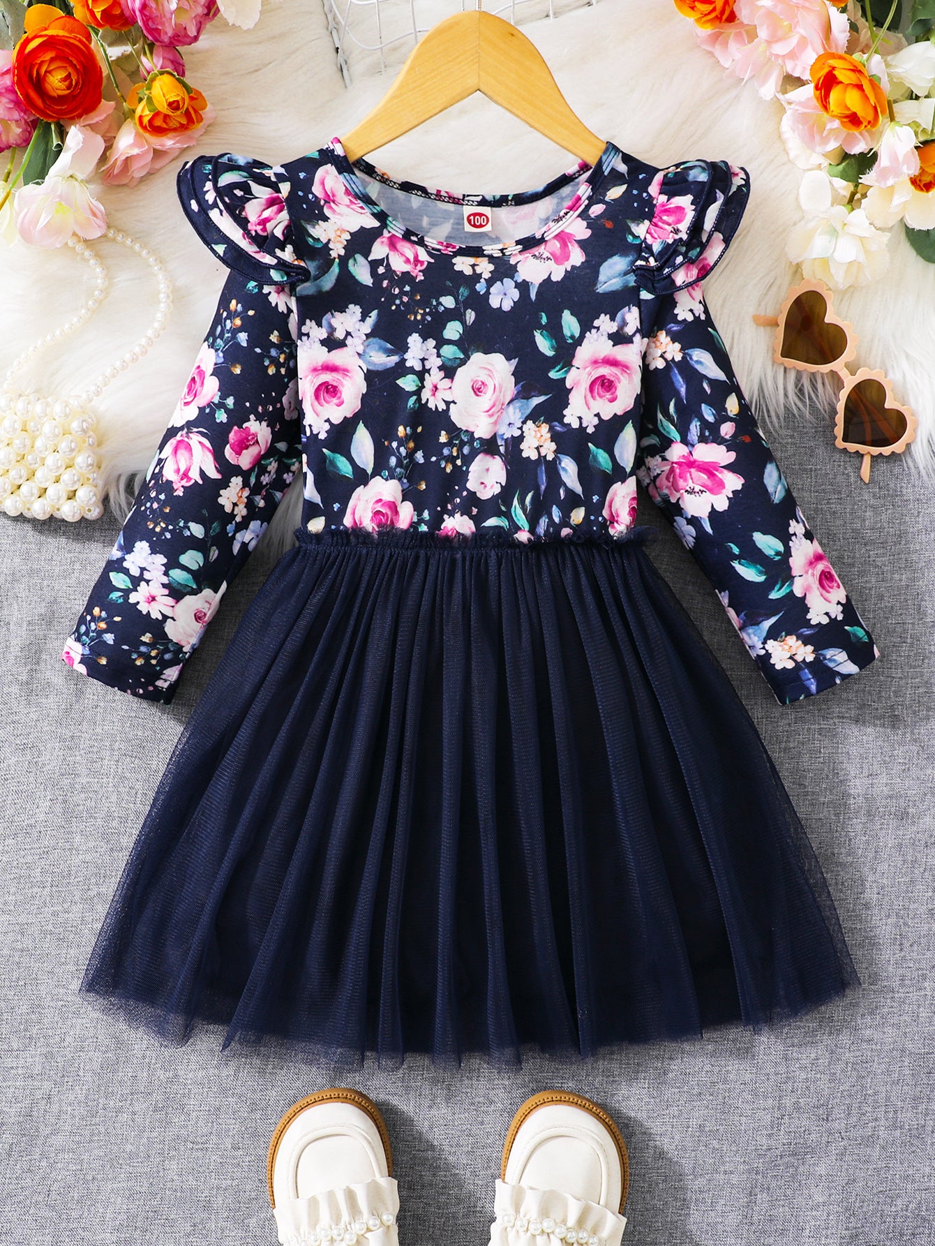 Girls' Floral Long-Sleeve Dress with Tulle Skirt Wholesale