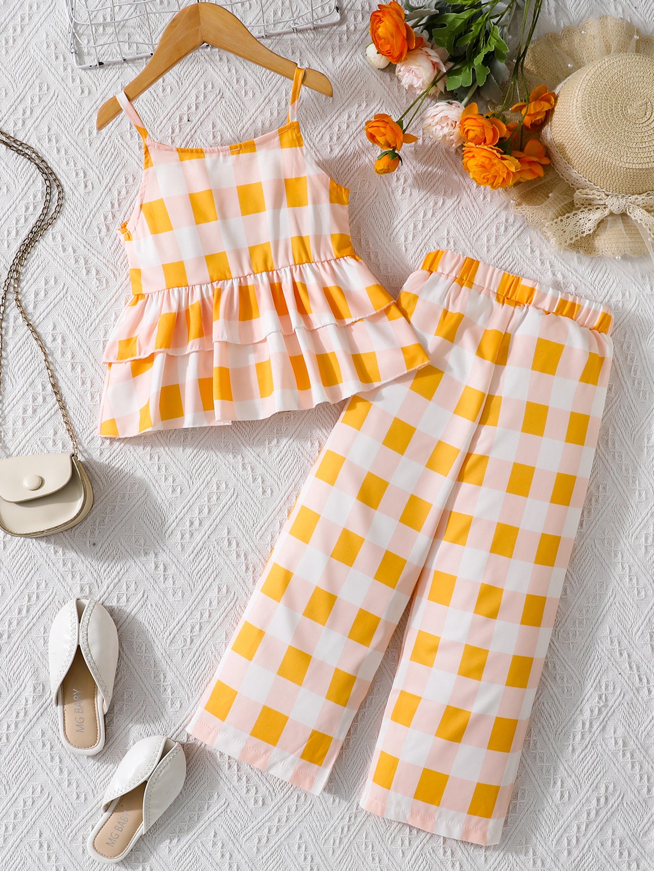 Girls' Gingham Peplum Top & Wide-Leg Pants Set Wholesale