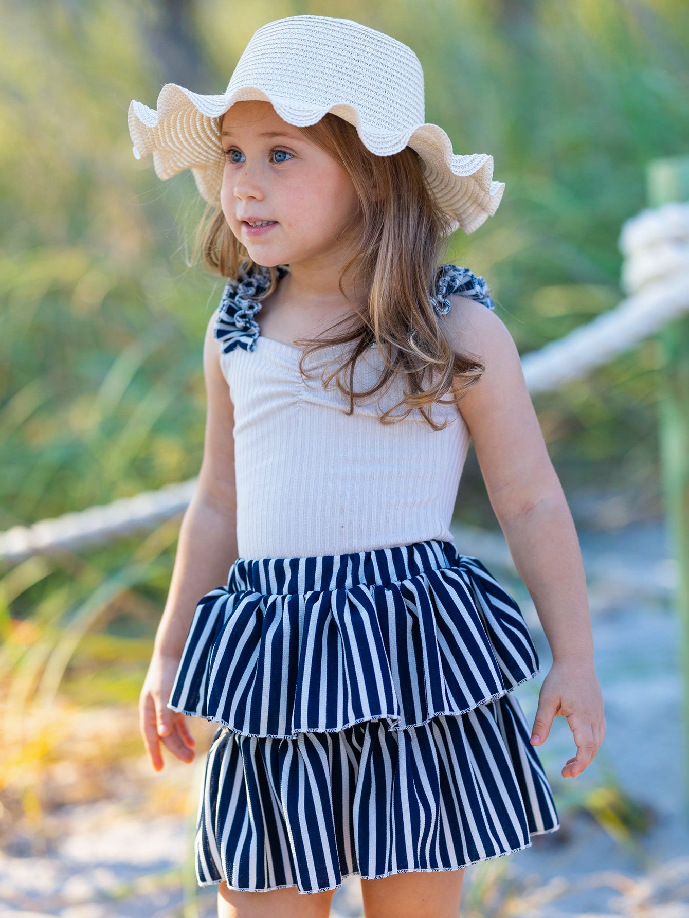 Girls' Nautical Striped Tiered Skirt Set Wholesale