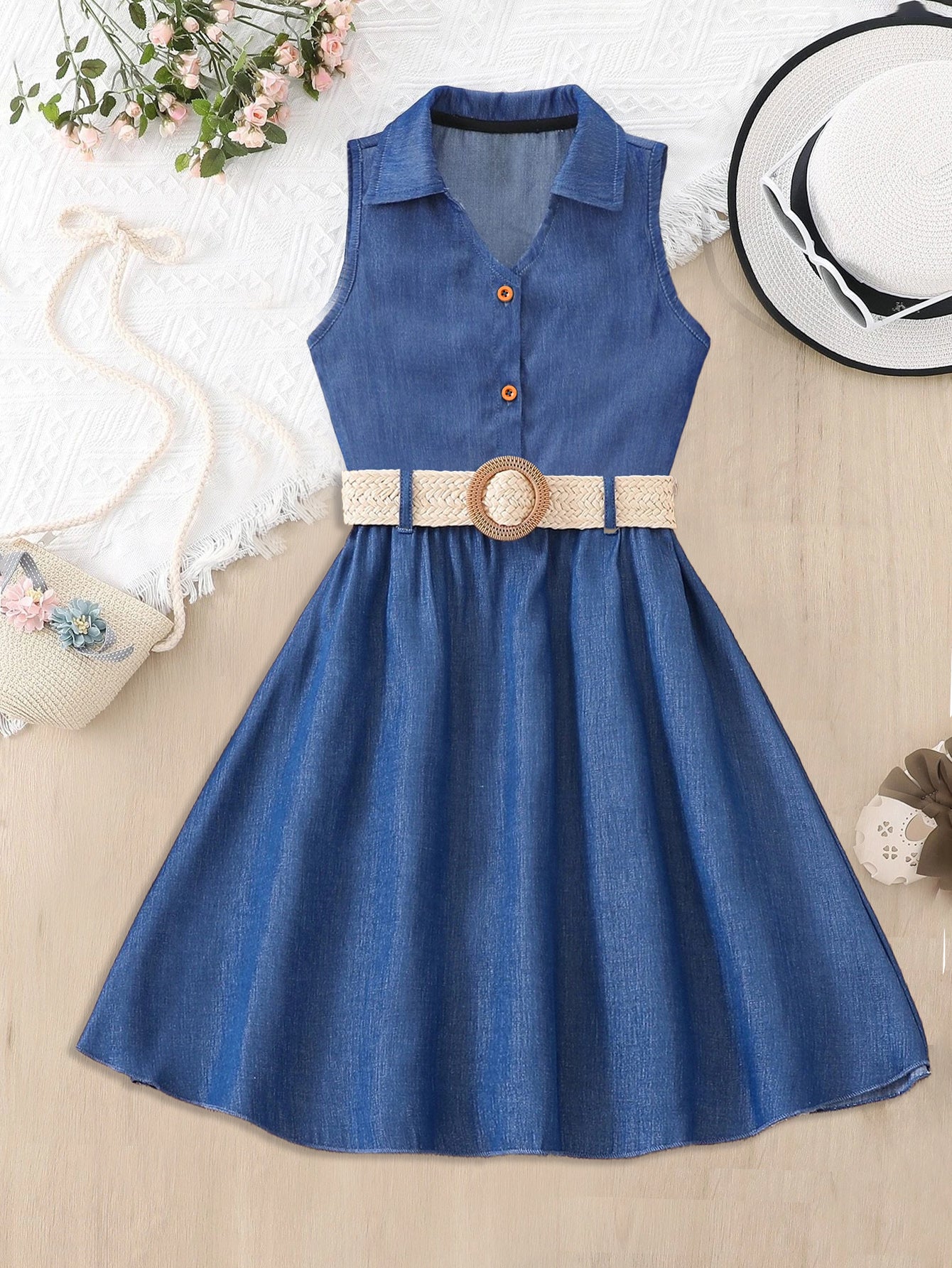 Girls' Sleeveless Faux Denim Dress with Woven Belt Wholesale