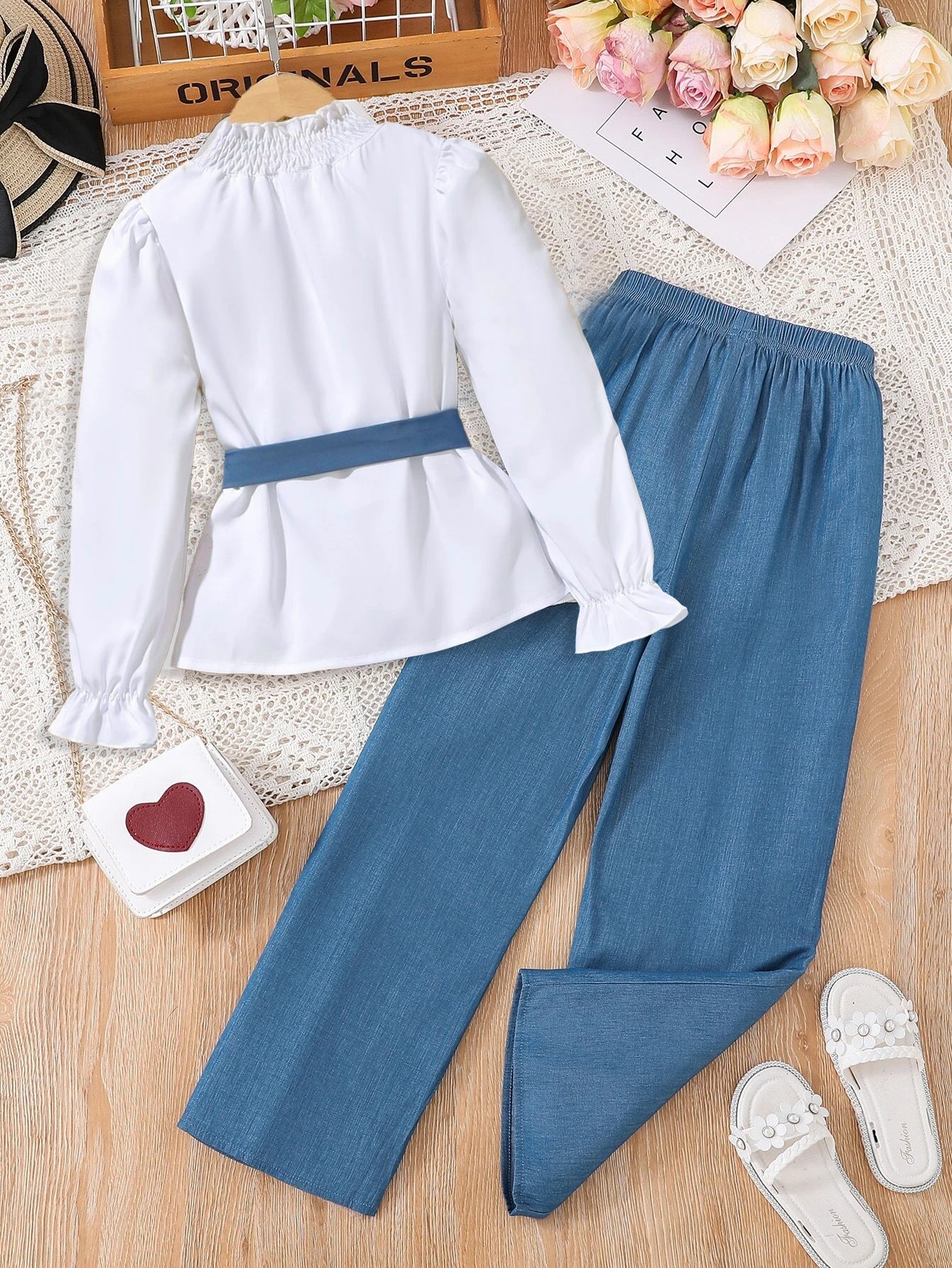 Girls' Smocked High Neck Blouse & Pants Set with Belt Wholesale