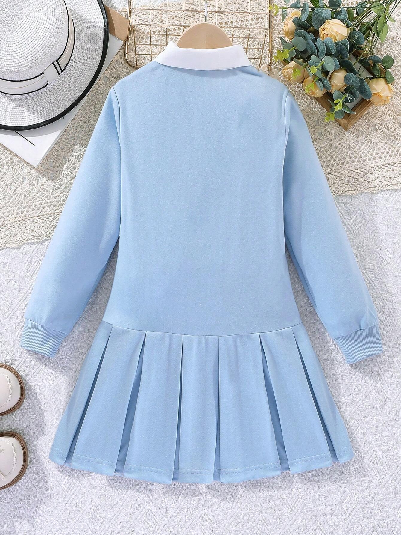 Trendy Girls' Light Blue "Brooklyn U.S.A." Pleated Polo Dress