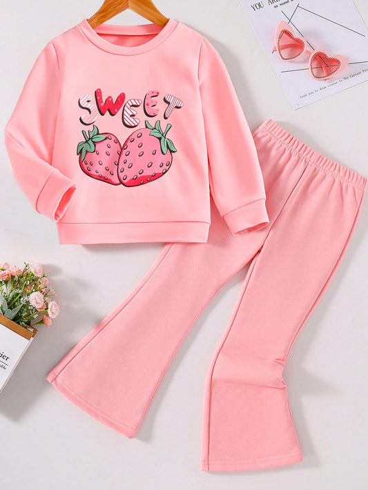 Girls' "Sweet Strawberry" Sweatshirt & Flared Pants Set Wholesale