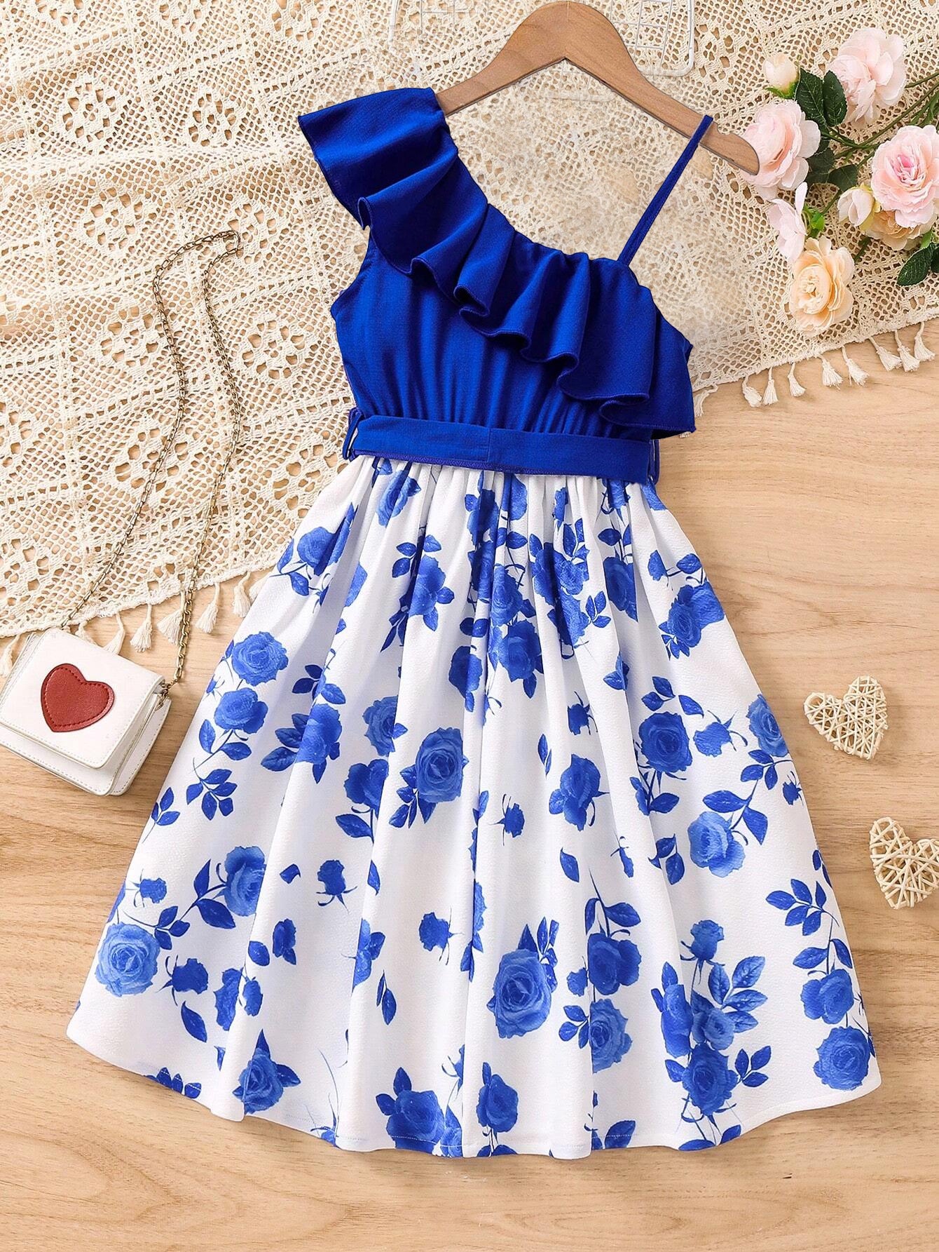 Royal Blue Rose One-Shoulder Ruffle Dress Wholesale