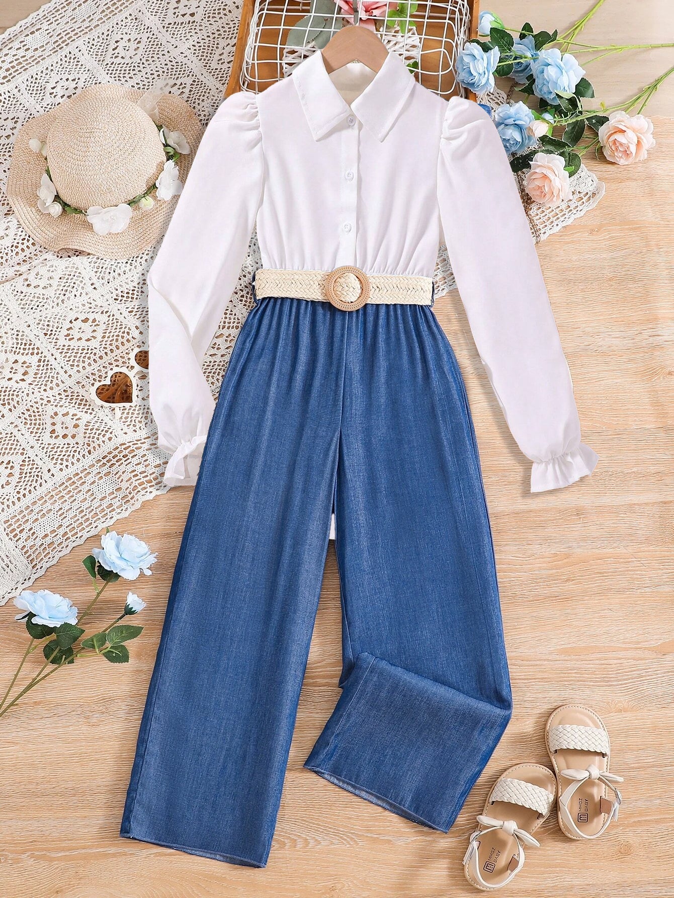 Girls' Button-Down Blouse & Wide-Leg Denim Pants Set with Belt Wholesale