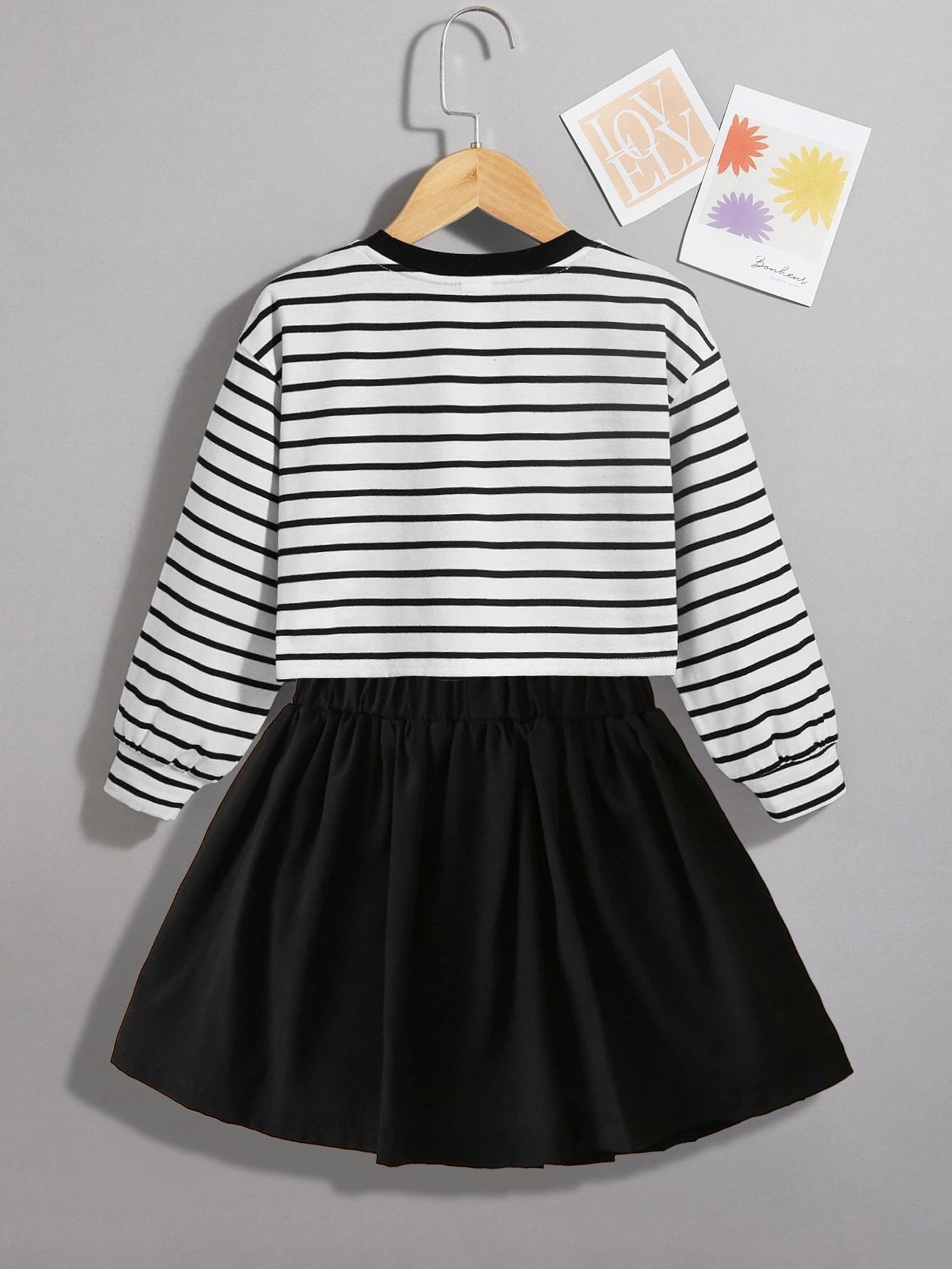 Girl’s Striped Top & Pleated Skirt Set with Heart Patches