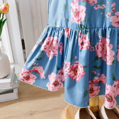 Girls' Blue Floral Long-Sleeve Maxi Dress with Waist Bow Wholesale