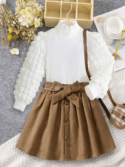 Girls' Textured Puff Sleeve Top & Corduroy Button Skirt Set Wholesale