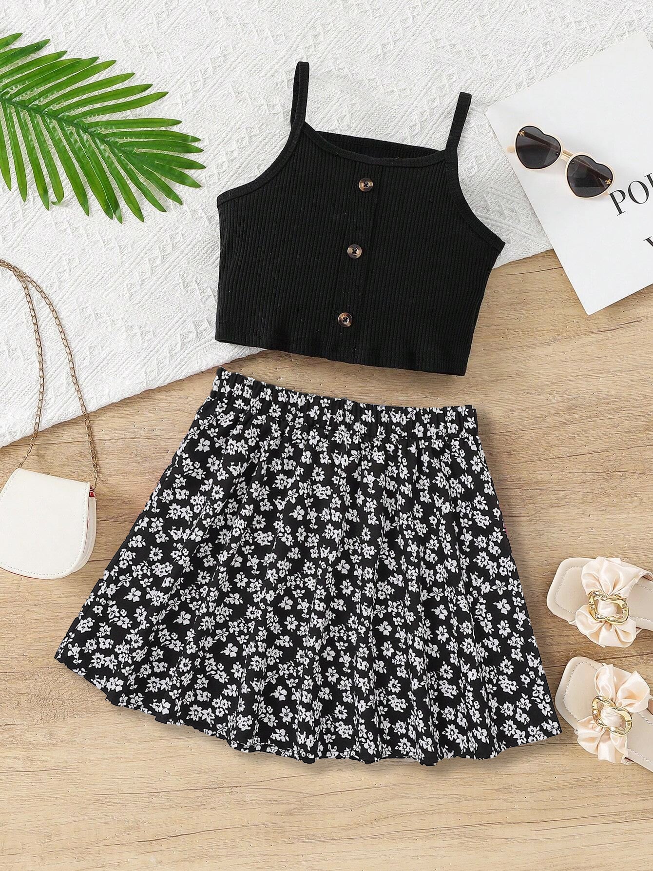 Girls' Black Ribbed Crop Top & Floral Skirt Set Wholesale