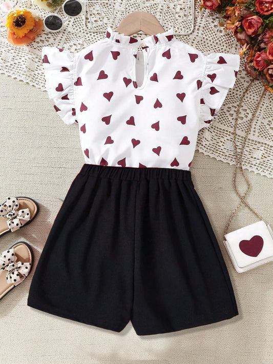 Girls' Heart Print Flutter Sleeve Top & Black Shorts Set Wholesale