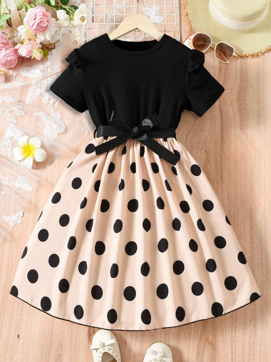 Girls' Black and Polka Dot Ruffle Sleeve Dress Wholesale