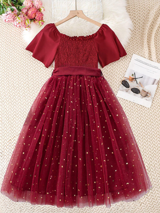 Girls' Burgundy Smocked Off-Shoulder Dress with Tulle Overlay Wholesale