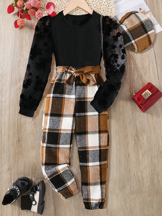 Chic Girls' Black Velvet Top and Plaid Pants Set with Bow Belt Wholesale