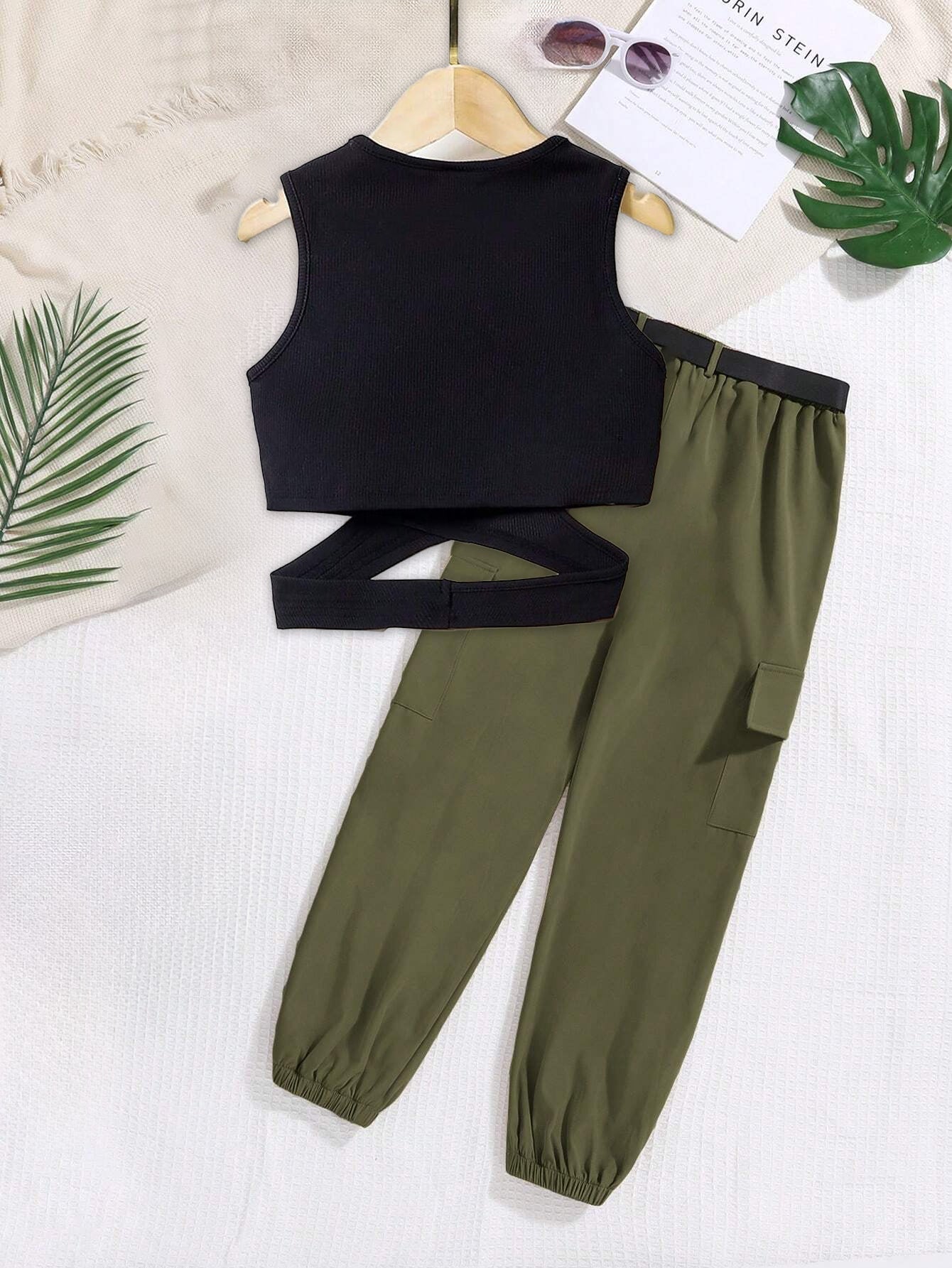 Girls' Black Wrap Crop Top & Green Cargo Pants Set Wholesale