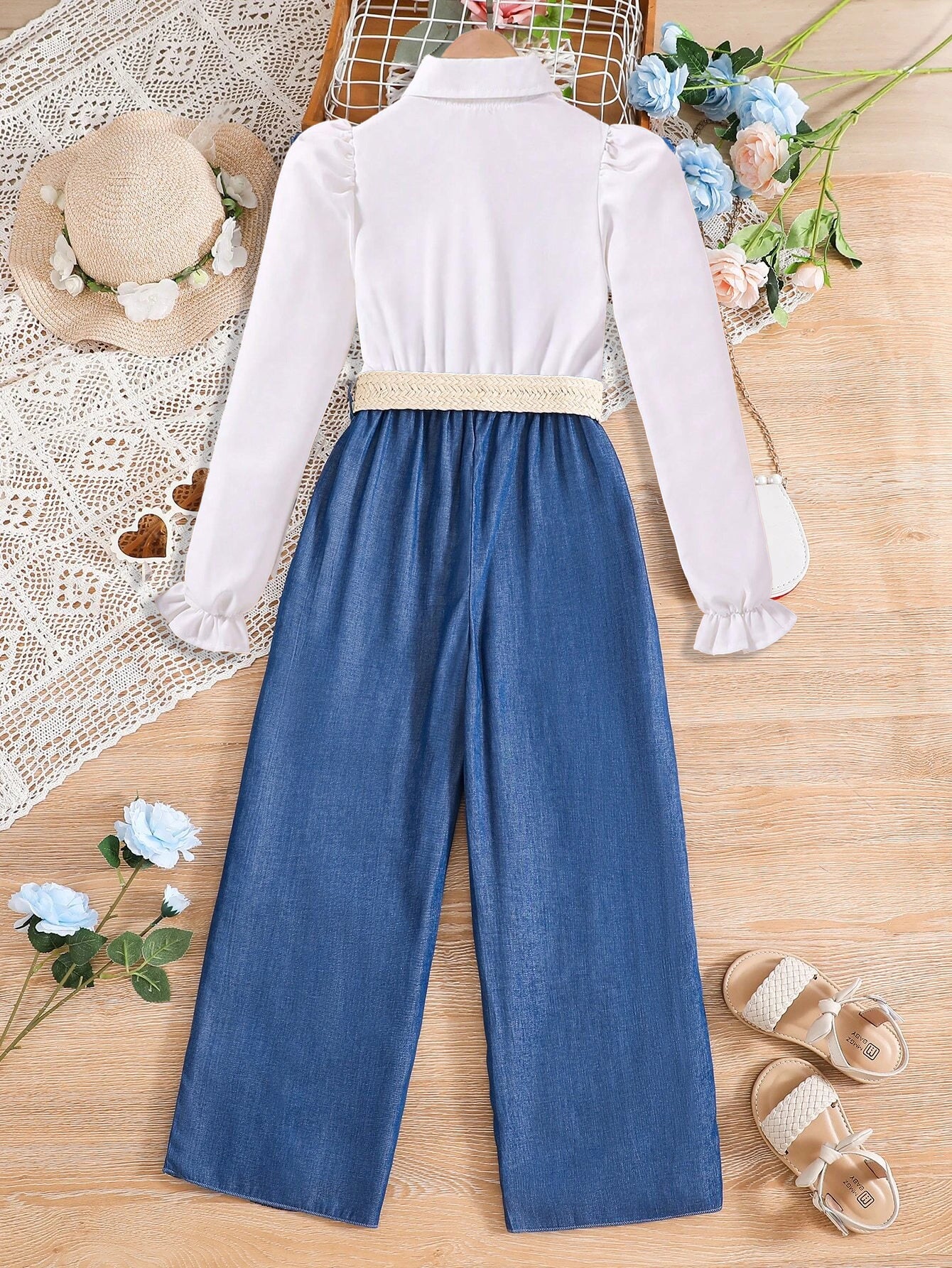 Girls' Button-Down Blouse & Wide-Leg Denim Pants Set with Belt Wholesale