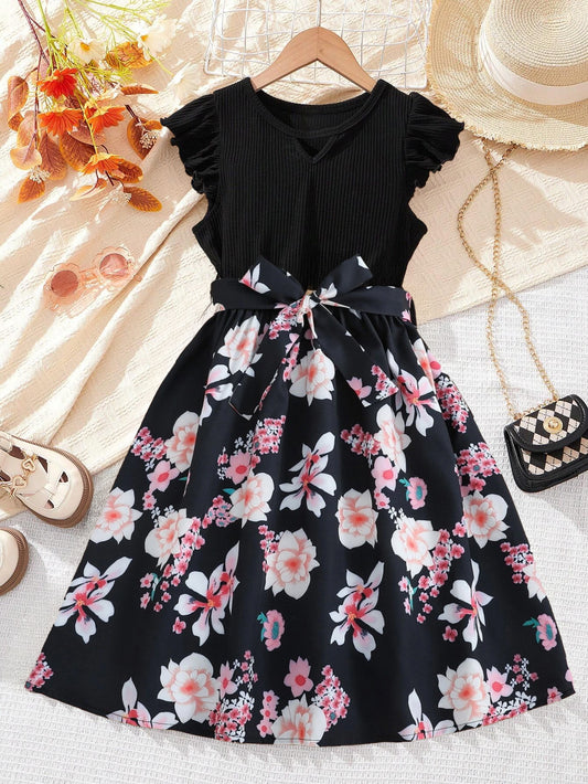 Girls' Black Floral Ruffle Sleeve Dress Wholesale