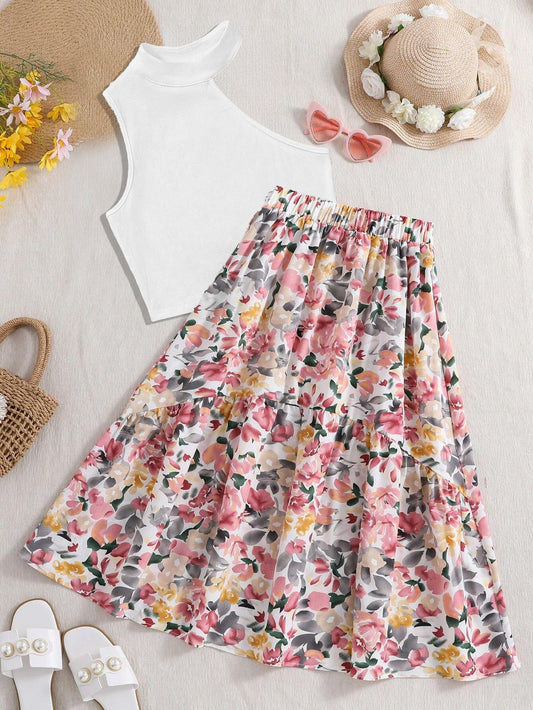 Girls' Floral Print A-Line Skirt & Sleeveless Top Set Wholesale