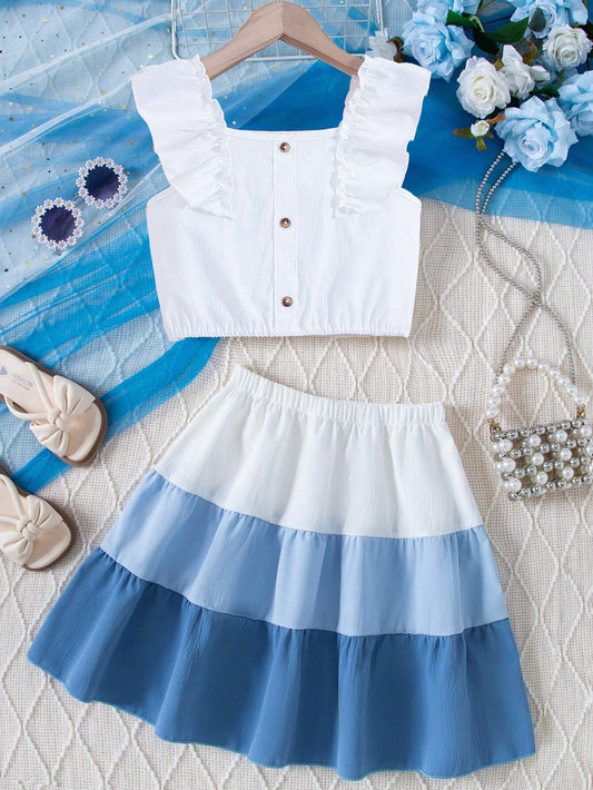 Girls' Ruffle Sleeve Buttoned Top and Tiered Blue Skirt Set Wholesale