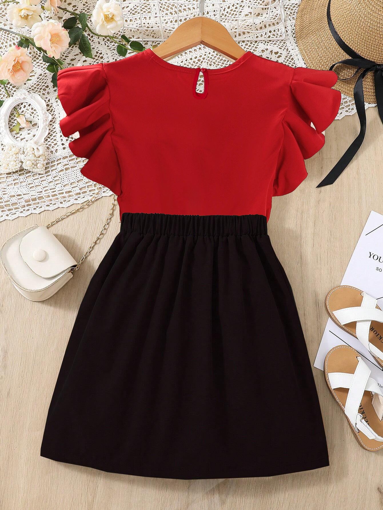 Girls'Red Ruffle Sleeve Top & Black A-Line Skirt Set Wholesale