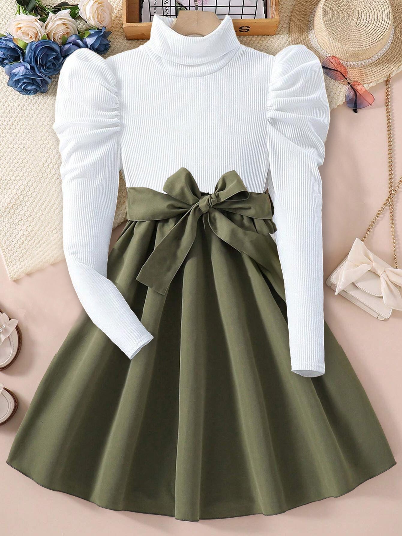 Girls' Puff Sleeve Ribbed Top & Bow-Tied A-Line Dress Set Wholesale