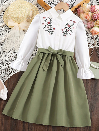 Girls' Floral Embroidered Button-Down Dress with Belt Wholesale