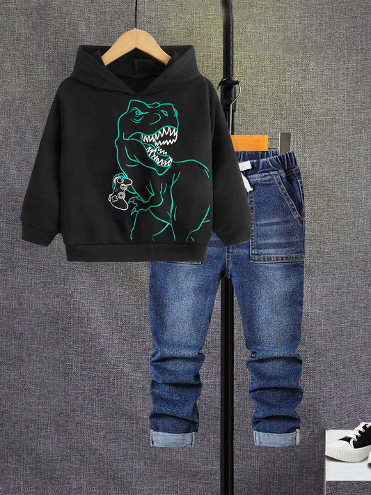 Roaring Dino Hoodie & Denim Jeans Set for Boys Wholesale