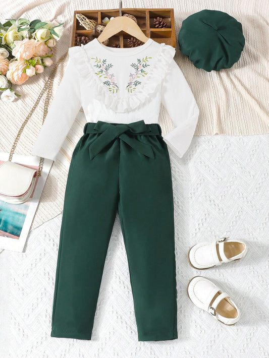 Floral Embroidered Ruffle Top & Bow-Tie Waist Pants Set for Girls Wholesale